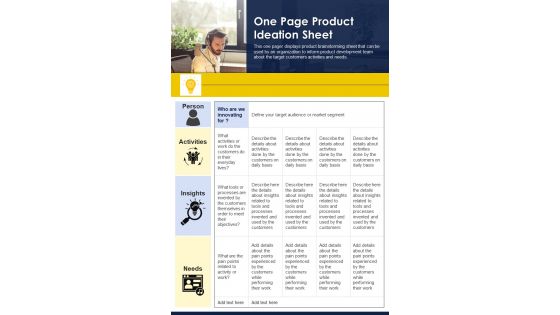 One Page Product Ideation Sheet PDF Document PPT Template