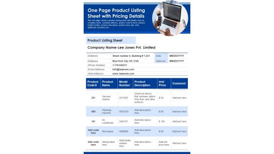One Page Product Listing Sheet With Pricing Details PDF Document PPT Template