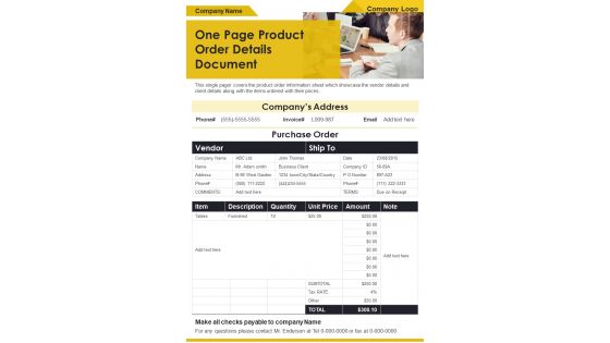 One Page Product Order Details Document PDF Document PPT Template