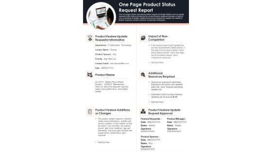 One Page Product Status Request Report PDF Document PPT Template