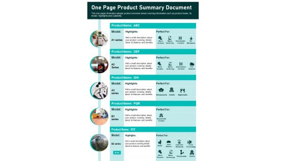One Page Product Summary Document PDF Document PPT Template