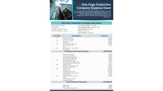 One Page Production Company Expense Sheet PDF Document PPT Template