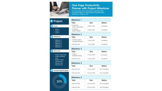One Page Productivity Planner With Project Milestone PDF Document PPT Template