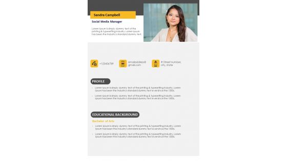 One Page Professional CV For Social Media Manager PDF Document PPT Template
