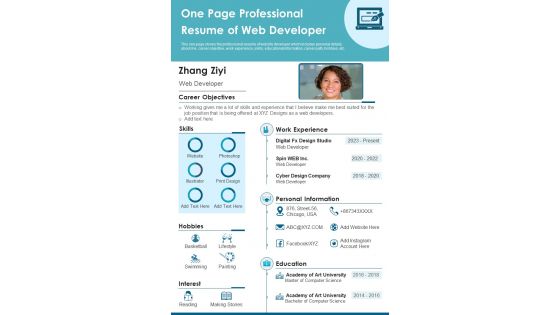 One Page Professional Resume Of Web Developer PDF Document PPT Template