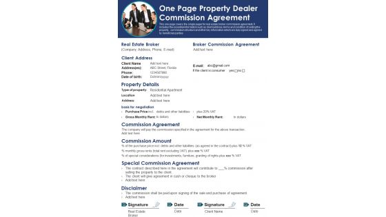 One Page Property Dealer Commission Agreement PDF Document PPT Template