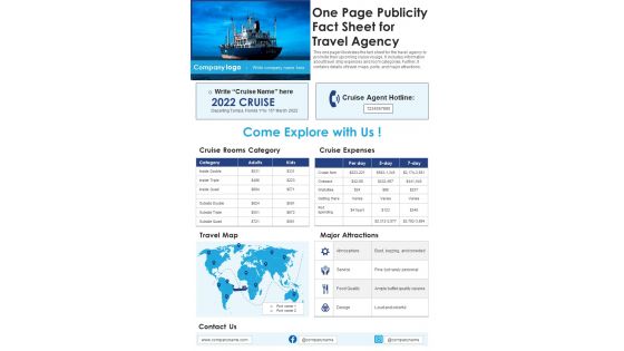 One Page Publicity Fact Sheet For Travel Agency PDF Document PPT Template