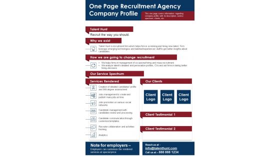 One Page Recruitment Agency Company Profile PDF Document PPT Template