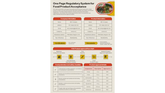 One Page Regulatory System For Food Product Acceptance PDF Document PPT Template