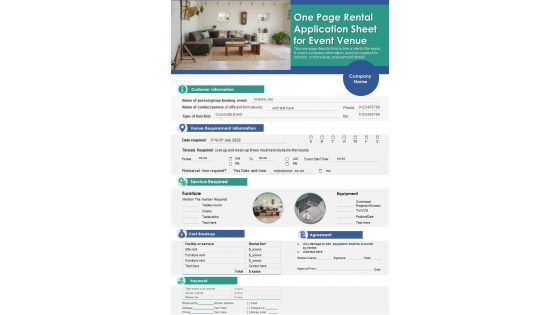 One Page Rental Application Sheet For Event Venue PDF Document PPT Template