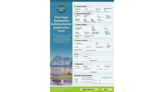 One Page Residential Building Rental Application Form PDF Document PPT Template