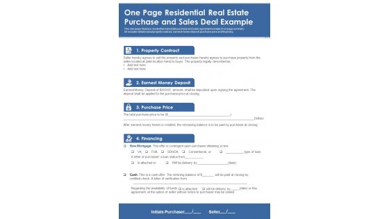 One Page Residential Real Estate Purchase And Sales Deal Example PDF Document PPT Template