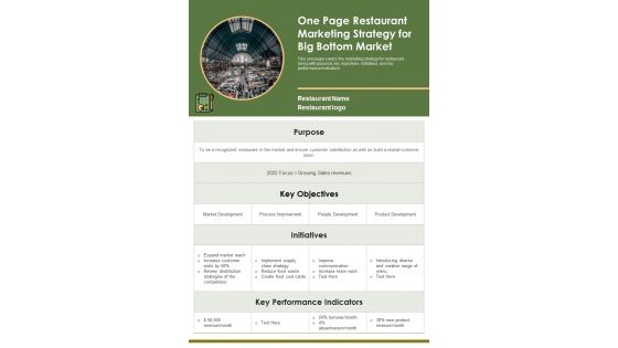 One Page Restaurant Marketing Strategy For Big Bottom Market PDF Document PPT Template
