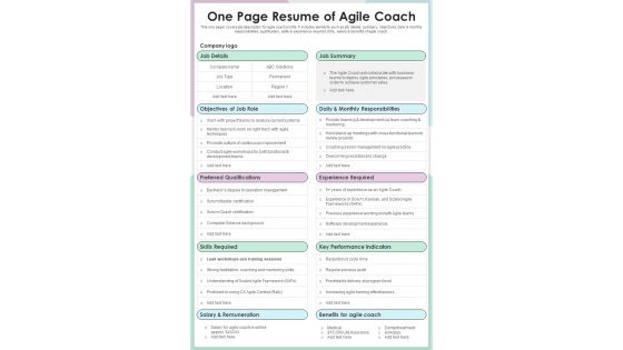 One Page Resume Of Agile Coach PDF Document PPT Template