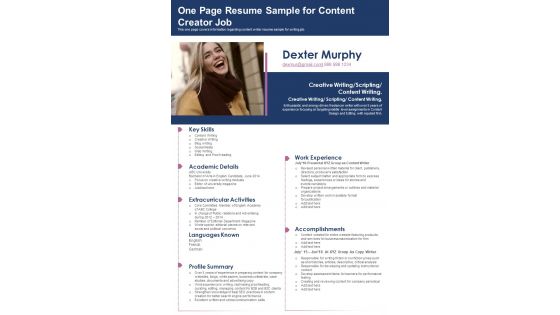 One Page Resume Sample For Content Creator Job PDF Document PPT Template