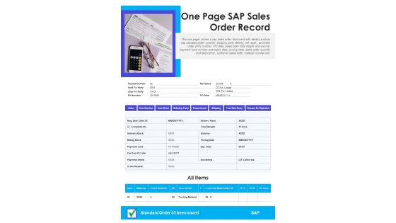 One Page SAP Sales Order Record PDF Document PPT Template