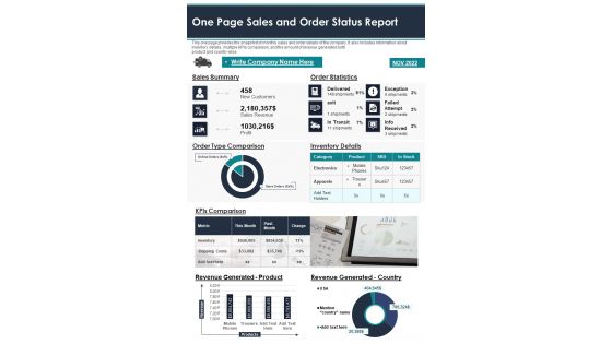 One Page Sales And Order Status Report PDF Document PPT Template One Page Sales And Order Status Report PDF Document PPT Template