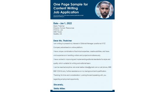 One Page Sample For Content Writing Job Application PDF Document PPT Template