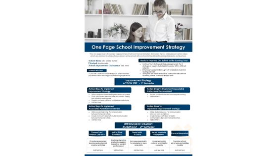 One Page School Improvement Strategy PDF Document PPT Template