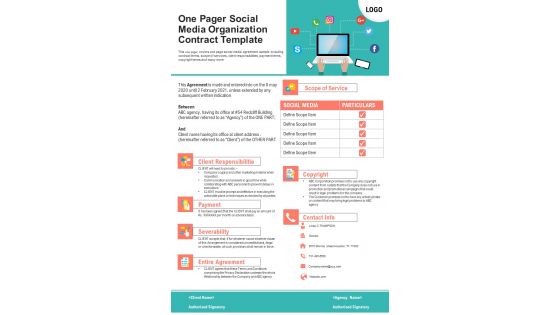 One Page Social Media Marketing Agreement Template PDF Document PPT Template