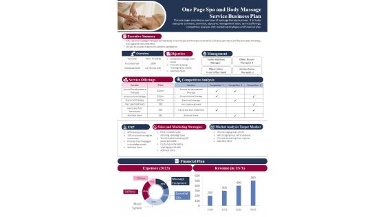 One Page Spa And Body Massage Service Business Plan PDF Document PPT Template