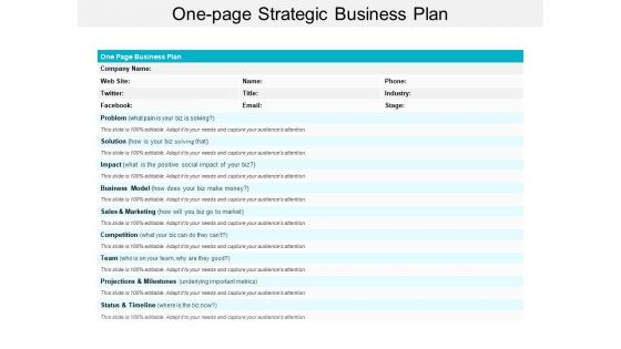 One Page Strategic Business Plan Ppt Powerpoint Presentation Layouts Guidelines