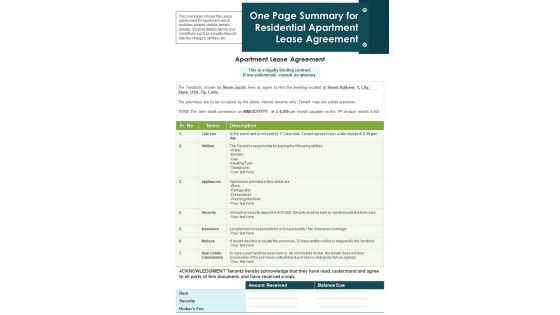One Page Summary For Residential Apartment Lease Agreement PDF Document PPT Template