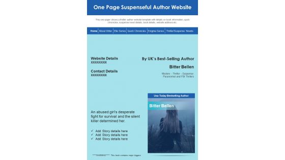 One Page Suspenseful Author Website PDF Document PPT Template