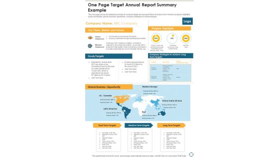 One Page Target Annual Report Summary Example One Pager Documents