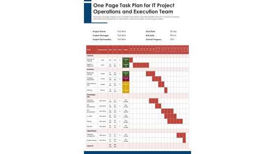 One Page Task Plan For IT Project Operations And Execution Team PDF Document PPT Template