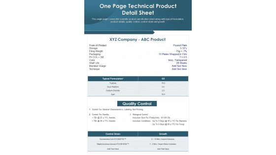 One Page Technical Product Detail Sheet PDF Document PPT Template