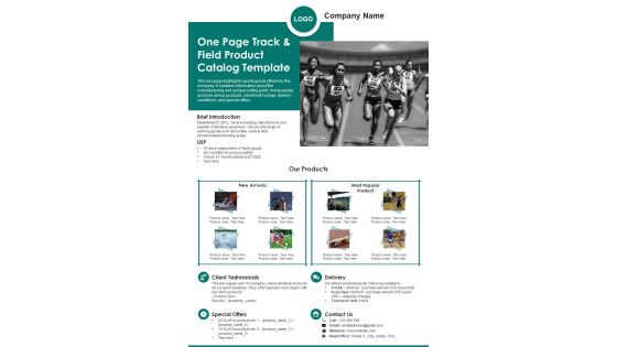 One Page Track And Field Product Catalog Template PDF Document PPT Template