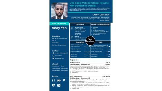 One Page Web Developer Resume With Experience Details PDF Document PPT Template