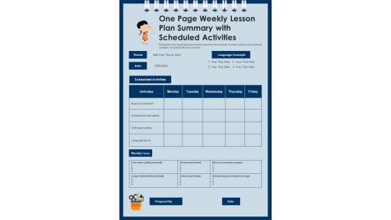 One Page Weekly Lesson Plan Summary With Scheduled Activities PDF Document PPT Template
