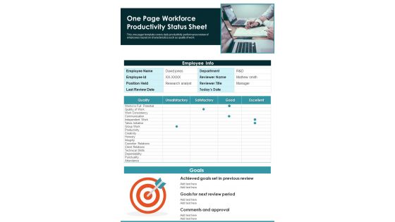 One Page Workforce Productivity Status Sheet PDF Document PPT Template
