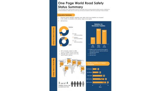 One Page World Road Safety Status Summary PDF Document PPT Template