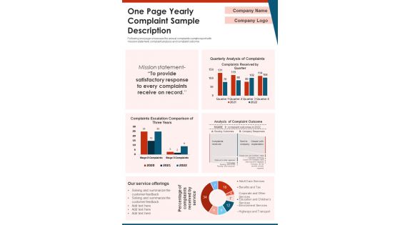One Page Yearly Complaint Sample Description PDF Document PPT Template