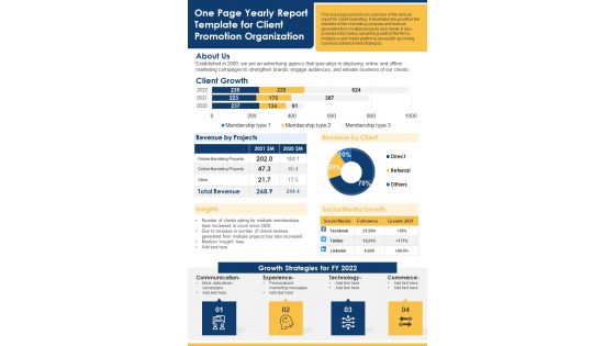 One Page Yearly Report Template For Client Promotion Organization PDF Document PPT Template One Page Yearly Report Template For Client Promotion Organization PDF Document PPT Template
