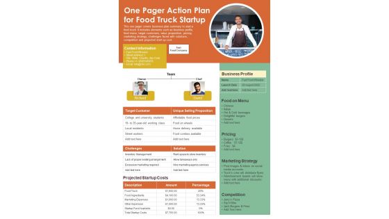 One Pager Action Plan For Food Truck Startup PDF Document PPT Template
