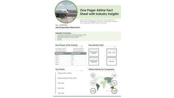 One Pager Airline Fact Sheet With Industry Insights PDF Document PPT Template