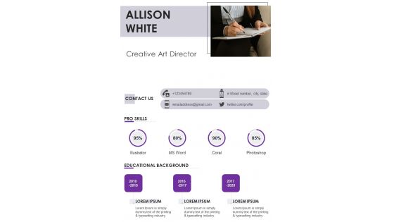 One Pager Art Designer CV PDF Document PPT Template One Pager Art Designer CV PDF Document PPT Template