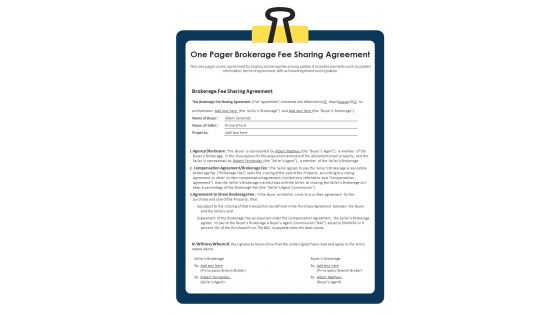 One Pager Brokerage Fee Sharing Agreement PDF Document PPT Template