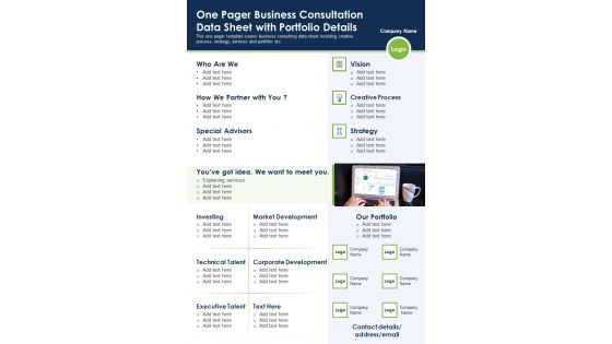 One Pager Business Consultation Data Sheet With Portfolio Details PDF Document PPT Template
