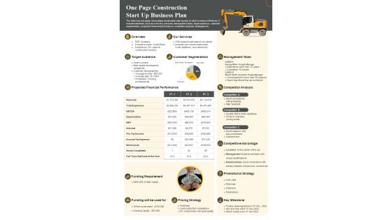 One Pager Business Plan For Building Construction Start Up PDF Document PPT Template
