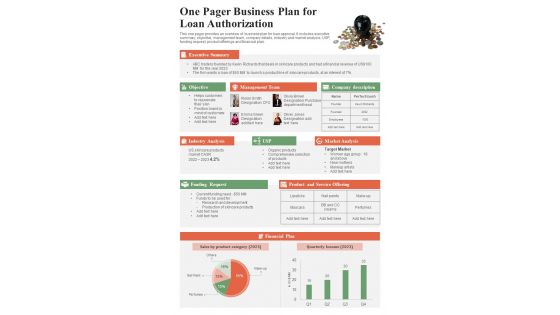 One Pager Business Plan For Loan Authorization PDF Document PPT Template