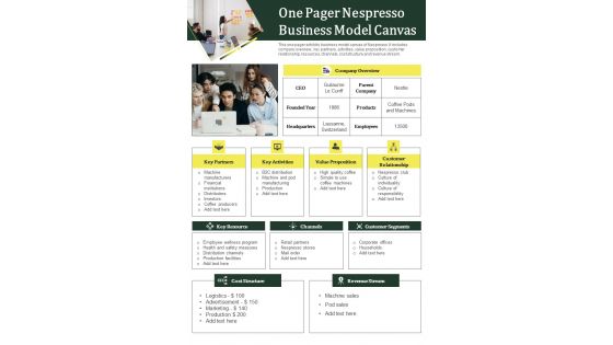 One Pager Business Plan For Nespresso Company PDF Document PPT Template