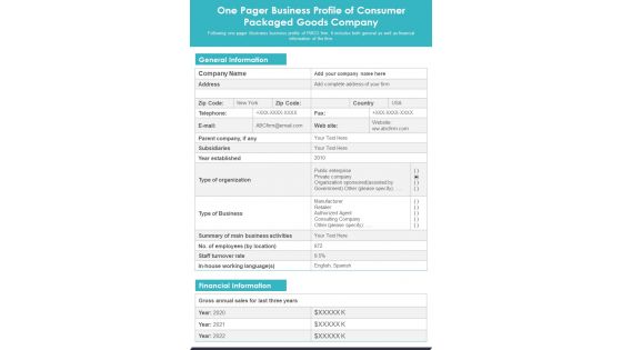 One Pager Business Profile Of Consumer Packaged Goods Company PDF Document PPT Template