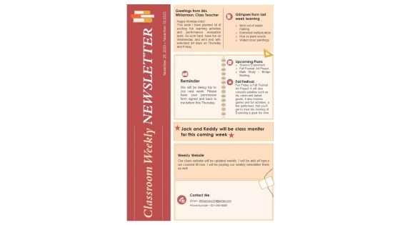 One Pager Class Teacher Weekly Updates Newsletter PDF Document PPT Template