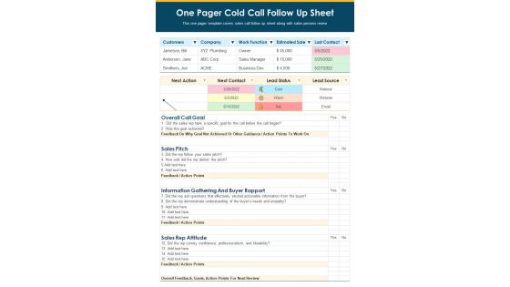 One Pager Cold Call Follow Up Sheet PDF Document PPT Template One Pager Cold Call Follow Up Sheet PDF Document PPT Template