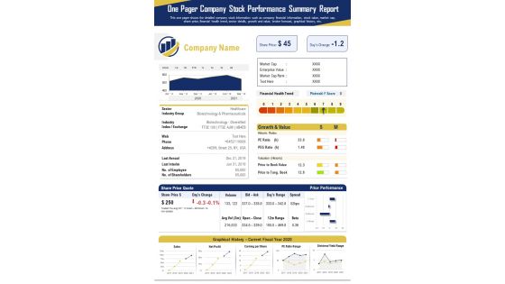 One Pager Company Stock Performance Summary Report PDF Document PPT Template